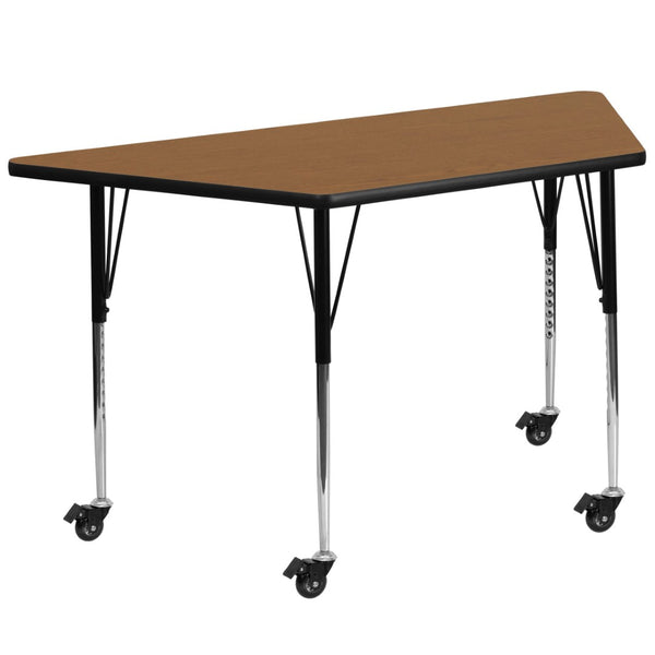 English Elm Wren Mobile Trapezoid Activity Table with Height Adjustable Legs for Flexible Collaborative Spaces Oak 29.5"W x 57.25"L Trapezoid XU-A3060-TRAP-OAK-T-A-CAS-GG