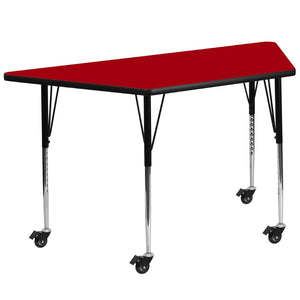 English Elm Wren Mobile Trapezoid Activity Table with Height Adjustable Legs for Flexible Collaborative Spaces Red 29.5"W x 57.25"L Trapezoid XU-A3060-TRAP-RED-T-A-CAS-GG