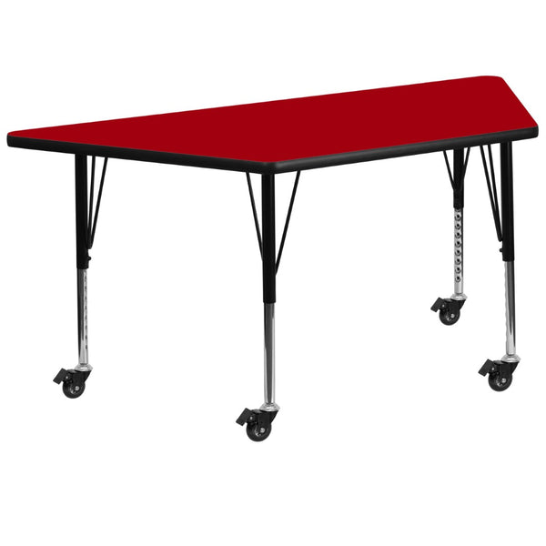 English Elm Wren Mobile Trapezoid Activity Table - Durable, Height Adjustable for Young Learners & Group Activities Red 29.5"W x 57.25"L Trapezoid XU-A3060-TRAP-RED-T-P-CAS-GG