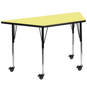 English Elm Wren Mobile Trapezoid Activity Table with Height Adjustable Legs for Flexible Collaborative Spaces Yellow 29.5"W x 57.25"L Trapezoid XU-A3060-TRAP-YEL-T-A-CAS-GG