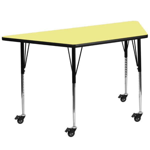 English Elm Wren Mobile Trapezoid Activity Table with Height Adjustable Legs for Flexible Collaborative Spaces Yellow 29.5"W x 57.25"L Trapezoid XU-A3060-TRAP-YEL-T-A-CAS-GG