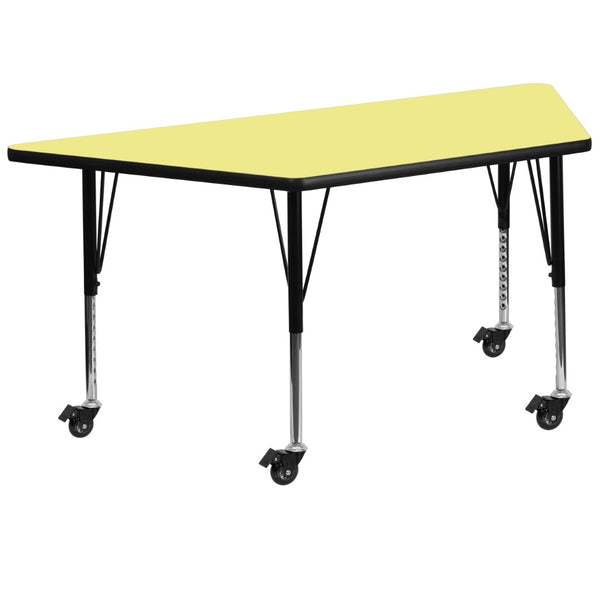 English Elm Wren Mobile Trapezoid Activity Table - Durable, Height Adjustable for Young Learners & Group Activities Yellow 29.5"W x 57.25"L Trapezoid XU-A3060-TRAP-YEL-T-P-CAS-GG