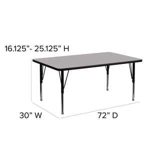 English Elm Wren Rectangular Thermal Laminate Activity Table - Height Adjustable for Creative Learning Spaces Gray 30"W x 72"L XU-A3072-REC-GY-T-P-GG