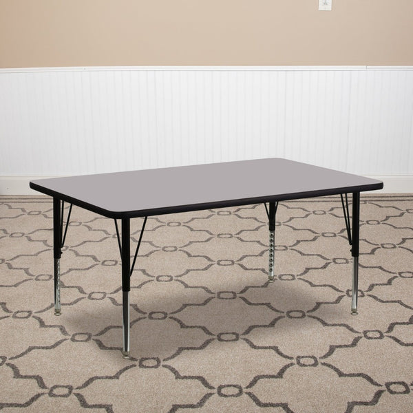 English Elm Wren Rectangular Thermal Laminate Activity Table - Height Adjustable for Creative Learning Spaces Gray 30"W x 72"L XU-A3072-REC-GY-T-P-GG