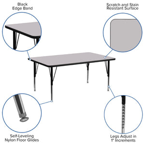 English Elm Wren Rectangular Thermal Laminate Activity Table - Height Adjustable for Creative Learning Spaces Gray 30"W x 72"L XU-A3072-REC-GY-T-P-GG