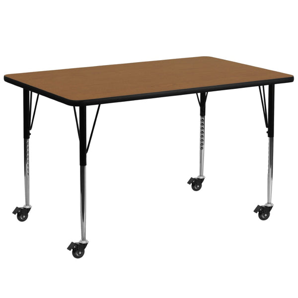 English Elm Wren Mobile Rectangular Thermal Laminate Activity Table with Adjustable Height for Versatile Use Oak 30"W x 72"L XU-A3072-REC-OAK-T-A-CAS-GG