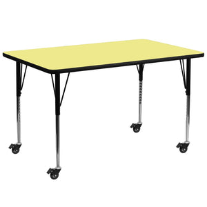 English Elm Wren Mobile Rectangular Thermal Laminate Activity Table with Adjustable Height for Versatile Use Yellow 30"W x 72"L XU-A3072-REC-YEL-T-A-CAS-GG