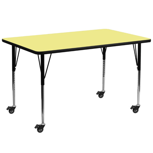 English Elm Wren Mobile Rectangular Thermal Laminate Activity Table with Adjustable Height for Versatile Use Yellow 30"W x 72"L XU-A3072-REC-YEL-T-A-CAS-GG