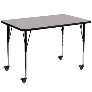 English Elm Wren Mobile Rectangular Activity Table with Height Adjustable Legs for Versatile Workspace Use Gray 36"W x 72"L XU-A3672-REC-GY-T-A-CAS-GG