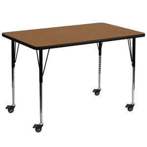 English Elm Wren Mobile Rectangular Activity Table with Height Adjustable Legs for Versatile Workspace Use Oak 36"W x 72"L XU-A3672-REC-OAK-T-A-CAS-GG