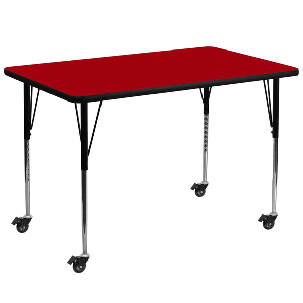 English Elm Wren Mobile Rectangular Activity Table with Height Adjustable Legs for Versatile Workspace Use Red 36"W x 72"L XU-A3672-REC-RED-T-A-CAS-GG