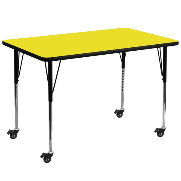 English Elm Wren Mobile Rectangular Activity Table with Adjustable Height for Flexible Learning & Collaboration Yellow 36"W x 72"L XU-A3672-REC-YEL-H-A-CAS-GG