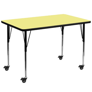English Elm Wren Mobile Rectangular Activity Table with Height Adjustable Legs for Versatile Workspace Use Yellow 36"W x 72"L XU-A3672-REC-YEL-T-A-CAS-GG