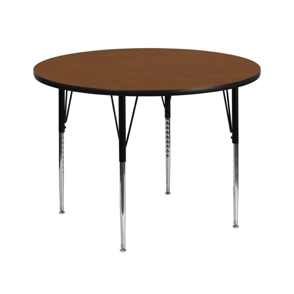 English Elm Wren Activity Table for Classrooms - Durable Laminate Surface with Height Adjustable Legs and Flexibility Oak 42" Round XU-A42-RND-OAK-H-A-GG