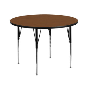 English Elm Wren Activity Table for Classrooms - Durable Laminate Surface with Height Adjustable Legs and Flexibility Oak 42" Round XU-A42-RND-OAK-H-A-GG