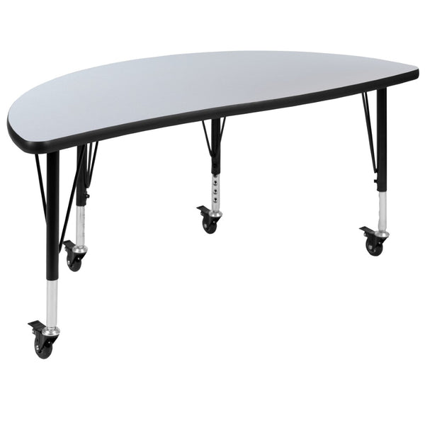 English Elm Wren Mobile Half Circle Activity Table for Collaborative Learning – Durable, Height Adjustable Design Grey 47.5"L Half Circle XU-A48-HCIRC-GY-T-P-CAS-GG