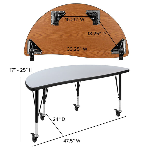 English Elm Wren Mobile Half Circle Activity Table for Collaborative Learning – Durable, Height Adjustable Design Grey 47.5"L Half Circle XU-A48-HCIRC-GY-T-P-CAS-GG