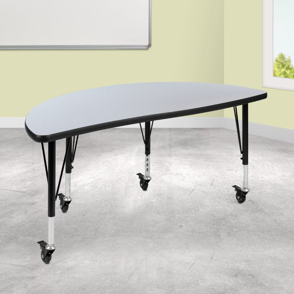 English Elm Wren Mobile Half Circle Activity Table for Collaborative Learning – Durable, Height Adjustable Design Grey 47.5"L Half Circle XU-A48-HCIRC-GY-T-P-CAS-GG