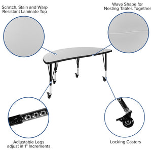 English Elm Wren Mobile Half Circle Activity Table for Collaborative Learning – Durable, Height Adjustable Design Grey 47.5"L Half Circle XU-A48-HCIRC-GY-T-P-CAS-GG