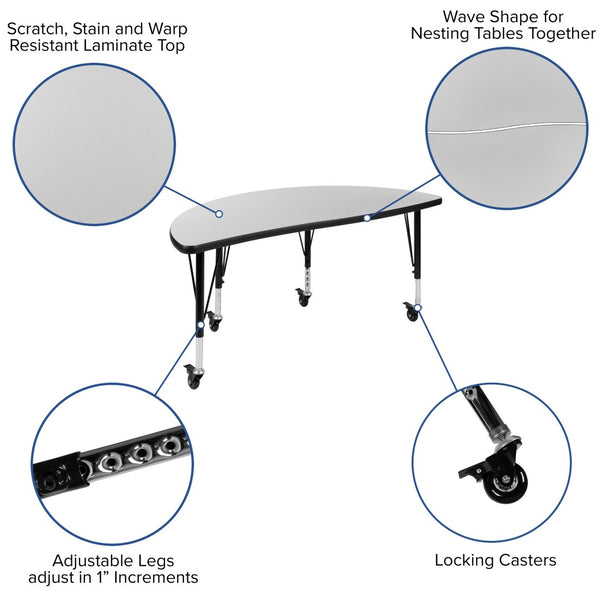 English Elm Wren Mobile Half Circle Activity Table for Collaborative Learning – Durable, Height Adjustable Design Grey 47.5"L Half Circle XU-A48-HCIRC-GY-T-P-CAS-GG