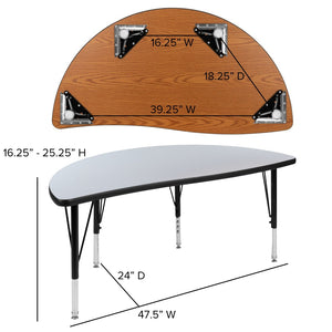 English Elm Wren Flexible Collaborative Activity Table - Height Adjustable Half-Circle Design for Young Learners Grey 47.5"L Half Circle XU-A48-HCIRC-GY-T-P-GG