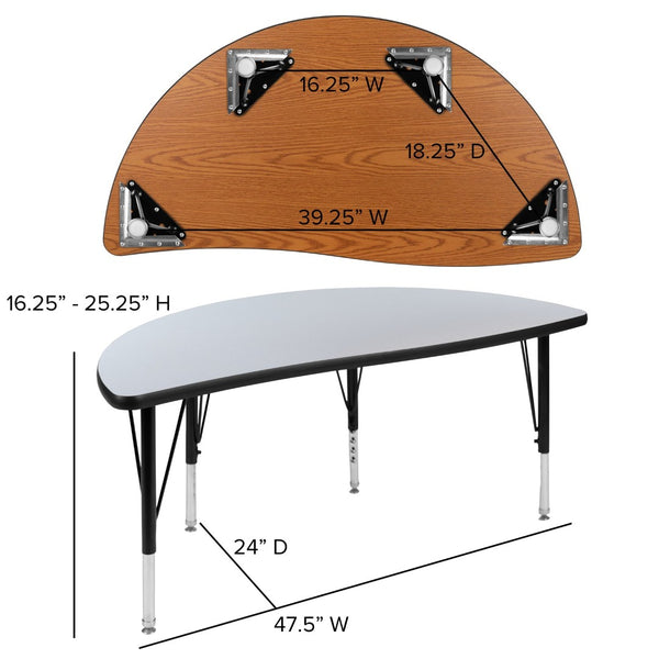 English Elm Wren Flexible Collaborative Activity Table - Height Adjustable Half-Circle Design for Young Learners Grey 47.5"L Half Circle XU-A48-HCIRC-GY-T-P-GG