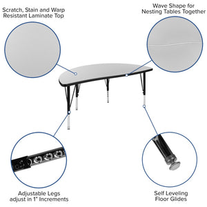 English Elm Wren Flexible Collaborative Activity Table - Height Adjustable Half-Circle Design for Young Learners Grey 47.5"L Half Circle XU-A48-HCIRC-GY-T-P-GG