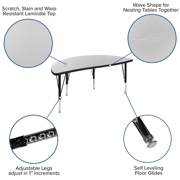 English Elm Wren Flexible Collaborative Activity Table - Height Adjustable Half-Circle Design for Young Learners Grey 47.5"L Half Circle XU-A48-HCIRC-GY-T-P-GG
