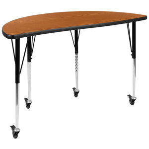 English Elm Wren Mobile Half Circle Wave Activity Table for Collaborative Learning Spaces - Adjustable Height Design Oak 47.5"L Half Circle XU-A48-HCIRC-OAK-T-A-CAS-GG