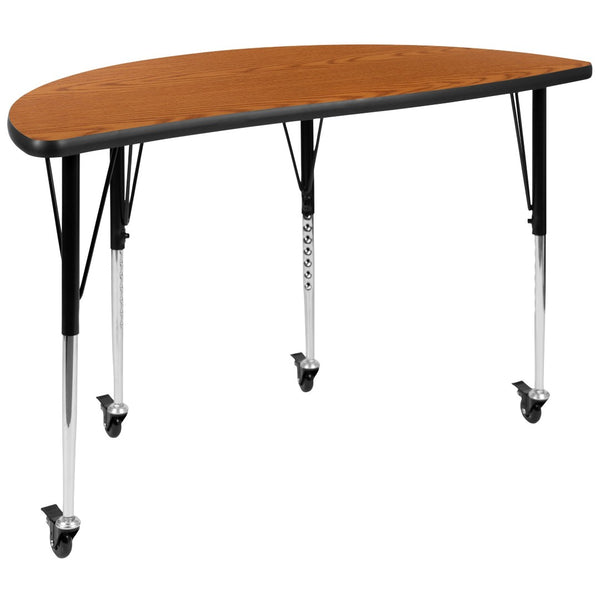 English Elm Wren Mobile Half Circle Wave Activity Table for Collaborative Learning Spaces - Adjustable Height Design Oak 47.5"L Half Circle XU-A48-HCIRC-OAK-T-A-CAS-GG