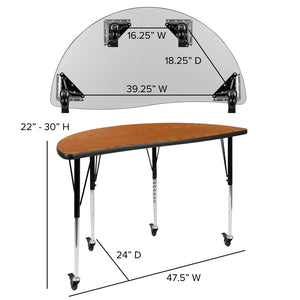English Elm Wren Mobile Half Circle Wave Activity Table for Collaborative Learning Spaces - Adjustable Height Design Oak 47.5"L Half Circle XU-A48-HCIRC-OAK-T-A-CAS-GG