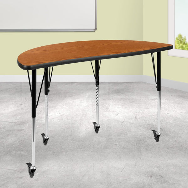 English Elm Wren Mobile Half Circle Wave Activity Table for Collaborative Learning Spaces - Adjustable Height Design Oak 47.5"L Half Circle XU-A48-HCIRC-OAK-T-A-CAS-GG