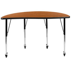 English Elm Wren Mobile Half Circle Wave Activity Table for Collaborative Learning Spaces - Adjustable Height Design Oak 47.5"L Half Circle XU-A48-HCIRC-OAK-T-A-CAS-GG