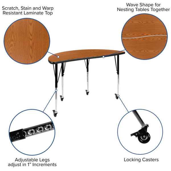 English Elm Wren Mobile Half Circle Wave Activity Table for Collaborative Learning Spaces - Adjustable Height Design Oak 47.5"L Half Circle XU-A48-HCIRC-OAK-T-A-CAS-GG