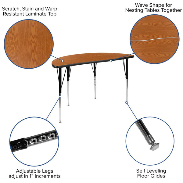 English Elm Wren Collaborative Activity Table for Flexible Workspaces - Durable, Adjustable, and Modern Design Oak 47.5"L Half Circle XU-A48-HCIRC-OAK-T-A-GG