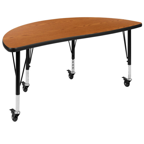 English Elm Wren Mobile Half Circle Activity Table for Collaborative Learning – Durable, Height Adjustable Design Oak 47.5"L Half Circle XU-A48-HCIRC-OAK-T-P-CAS-GG