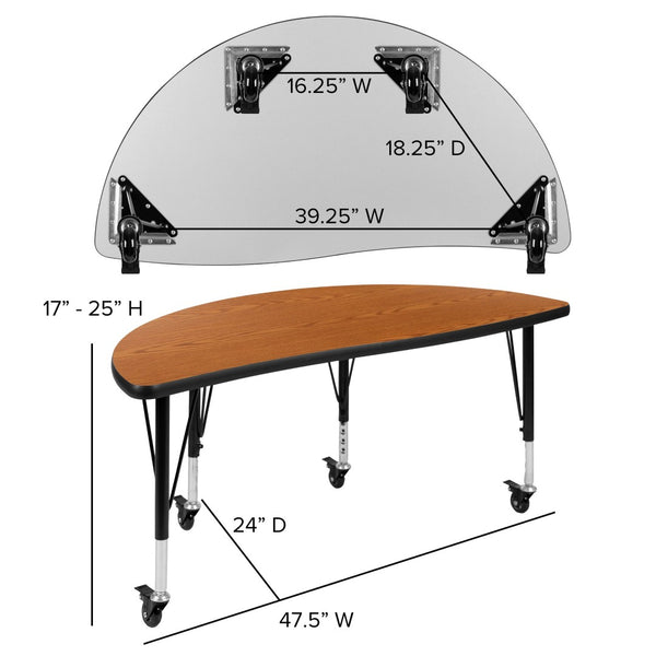 English Elm Wren Mobile Half Circle Activity Table for Collaborative Learning – Durable, Height Adjustable Design Oak 47.5"L Half Circle XU-A48-HCIRC-OAK-T-P-CAS-GG