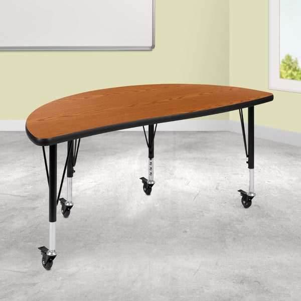 English Elm Wren Mobile Half Circle Activity Table for Collaborative Learning – Durable, Height Adjustable Design Oak 47.5"L Half Circle XU-A48-HCIRC-OAK-T-P-CAS-GG