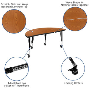 English Elm Wren Mobile Half Circle Activity Table for Collaborative Learning – Durable, Height Adjustable Design Oak 47.5"L Half Circle XU-A48-HCIRC-OAK-T-P-CAS-GG