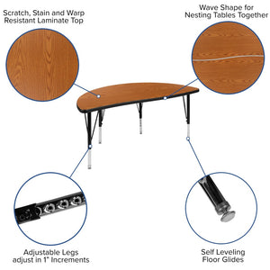 English Elm Wren Flexible Collaborative Activity Table - Height Adjustable Half-Circle Design for Young Learners Oak 47.5"L Half Circle XU-A48-HCIRC-OAK-T-P-GG