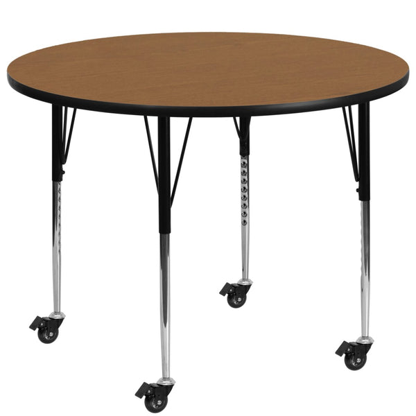 English Elm Wren Mobile Activity Table: Durable, Adjustable, and Versatile for Classrooms and Multipurpose Use Oak 48" Round XU-A48-RND-OAK-T-A-CAS-GG