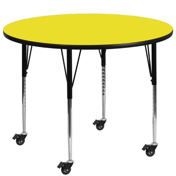English Elm Wren Mobile Activity Table - Durable High-Pressure Laminate, Adjustable Height, Perfect for Collaboration Yellow 48" Round XU-A48-RND-YEL-H-A-CAS-GG