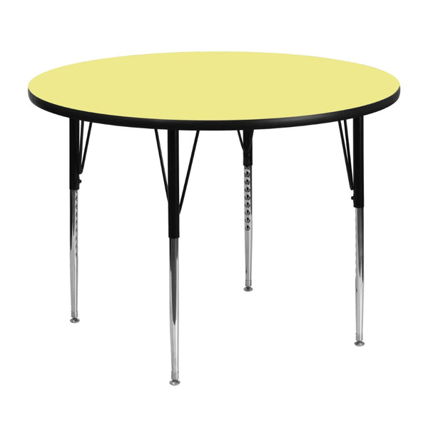 English Elm Wren Versatile Round Thermal Laminate Activity Table with Adjustable Height for Classrooms & More Yellow 48" Round XU-A48-RND-YEL-T-A-GG