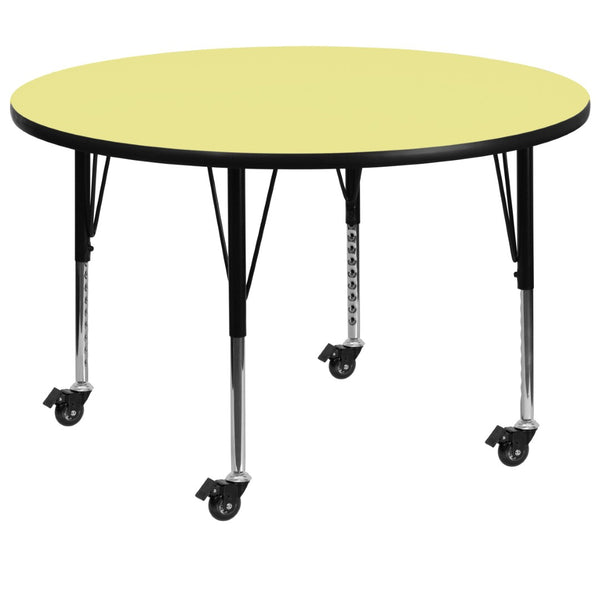 English Elm Wren Mobile Activity Table for Preschool - Durable, Adjustable Height, Perfect for Group Learning Yellow 48" Round XU-A48-RND-YEL-T-P-CAS-GG