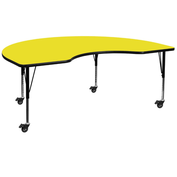 English Elm Wren Mobile Kidney Activity Table - Height Adjustable, Durable Laminate for Collaborative Learning Yellow 48"W x 72"L Kidney XU-A4872-KIDNY-YEL-H-P-CAS-GG