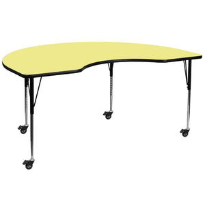 English Elm Wren Mobile Kidney Activity Table: Durable, Adjustable Height for Collaborative Learning & Crafts Yellow 48"W x 72"L Kidney XU-A4872-KIDNY-YEL-T-A-CAS-GG