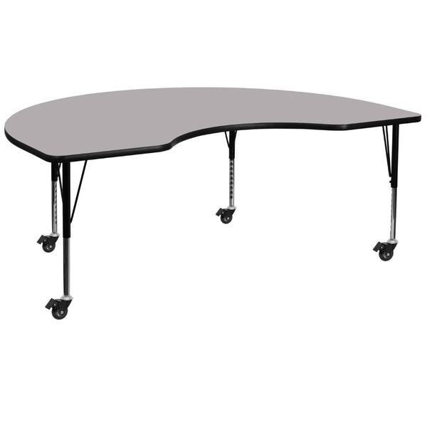 English Elm Wren Mobile Kidney-Shaped Activity Table for Classroom Use - Height Adjustable, Durable Design Gray 48"W x 96"L Kidney XU-A4896-KIDNY-GY-T-P-CAS-GG