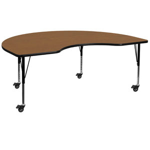 English Elm Wren Mobile Kidney-Shaped Activity Table for Classroom Use - Height Adjustable, Durable Design Oak 48"W x 96"L Kidney XU-A4896-KIDNY-OAK-T-P-CAS-GG