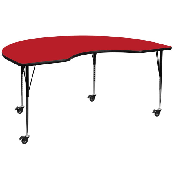 English Elm Wren Mobile Kidney Activity Table for Collaborative Learning - Durable, Adjustable, and Versatile Design Red 48"W x 96"L Kidney XU-A4896-KIDNY-RED-H-A-CAS-GG