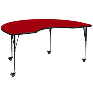 English Elm Wren Mobile Kidney-Shaped Activity Table with Height-Adjustable Legs for Collaborative Spaces Red 48"W x 96"L Kidney XU-A4896-KIDNY-RED-T-A-CAS-GG